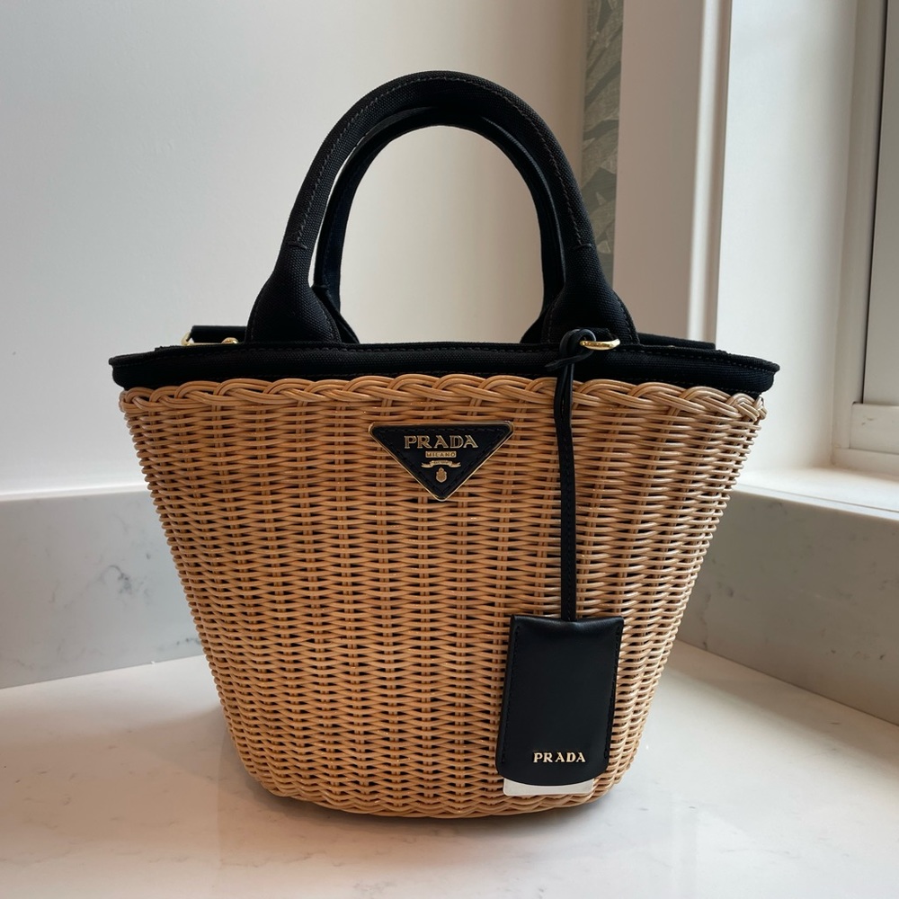 AUTHENTIC Prada Basket Bag - Straw Wicker and Black Canvas